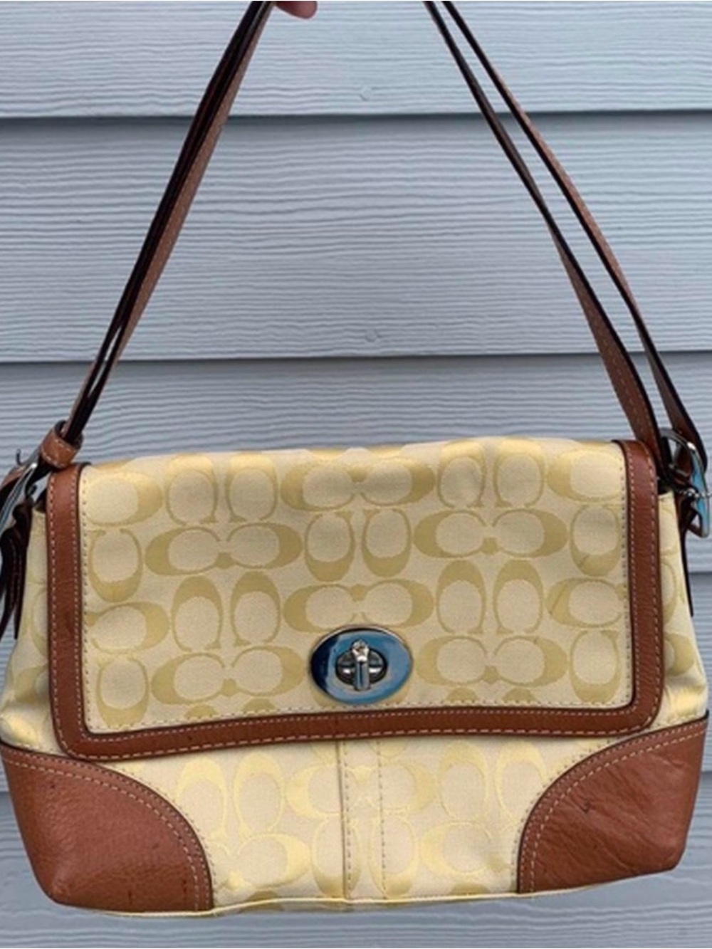 Coach Yellow Signature Canvas Shoulder Bag with Brown Leather Trim